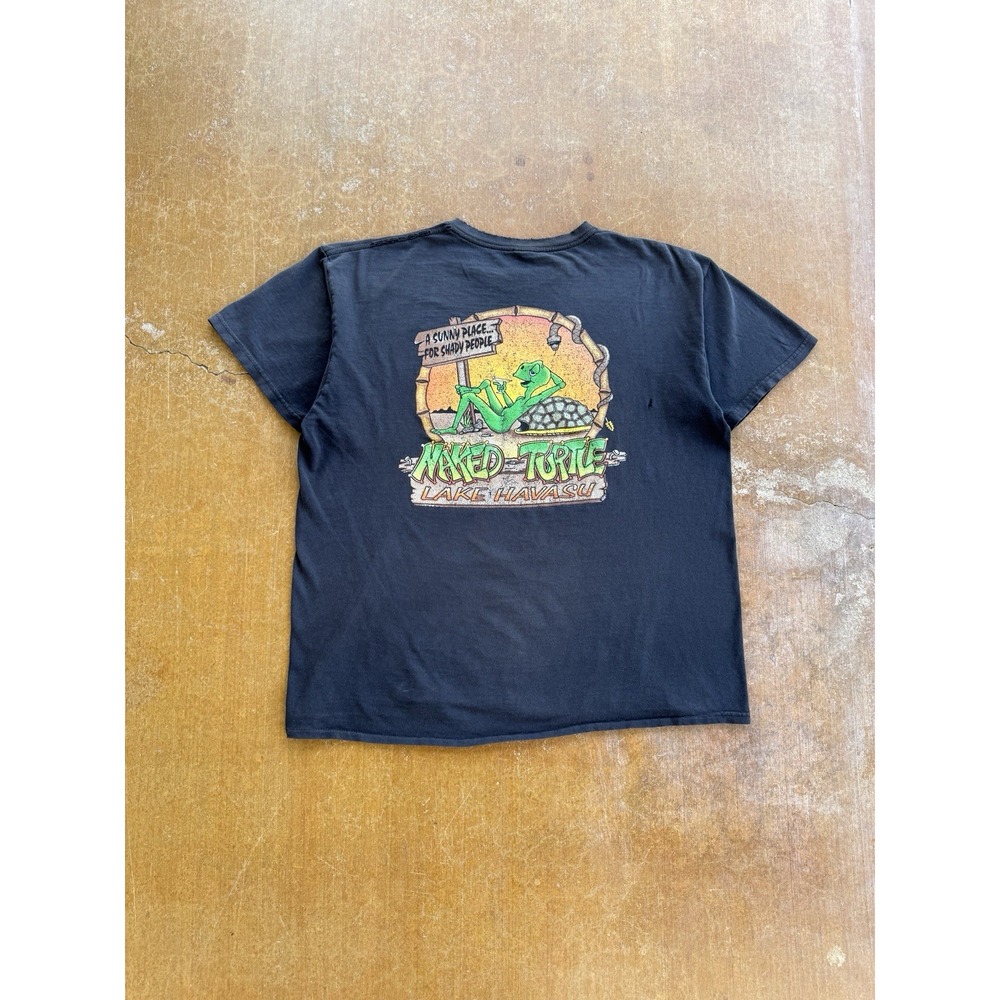 Distressed Naked Turtle Lake Havasu Parody Funny Obscure Black T-Shirt Y2K (L)